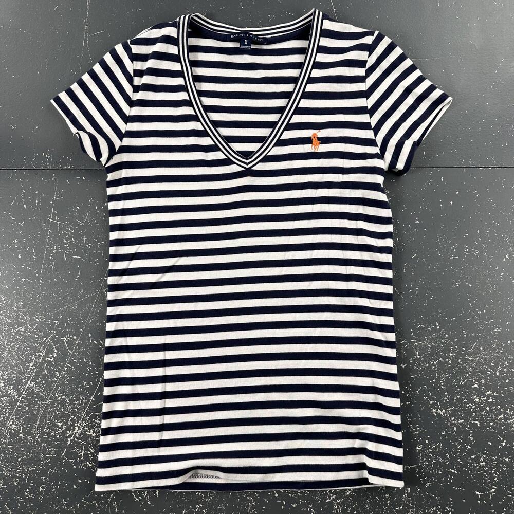 Ralph Lauren Shirt Womens Medium Navy White Striped Deep V Babydoll Rayon Y2K